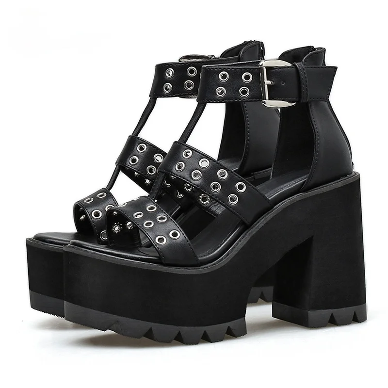 

Sexy Rivet Shoes Woman Party Rock Blakc Block Heel Platform High-heeled Sandals Summer New 2023 Women Zipper Footwear Gladiator
