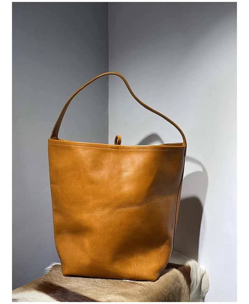 PNDME einfache lässige hochwertige echtes Leder Damen Eimertasche Outdoor Designer Luxus natürliche weiche Rindsleder Umhängetasche – Detail 6