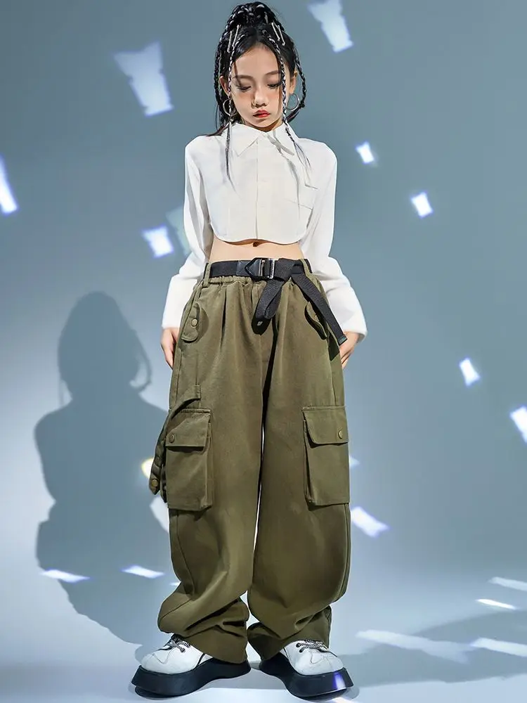 

Hip Hop Girls White Shirt Crop Top Army Green Pants Children Street Dance Outfits Streetwear Clothes Sets Teen Kids Jazz Costume