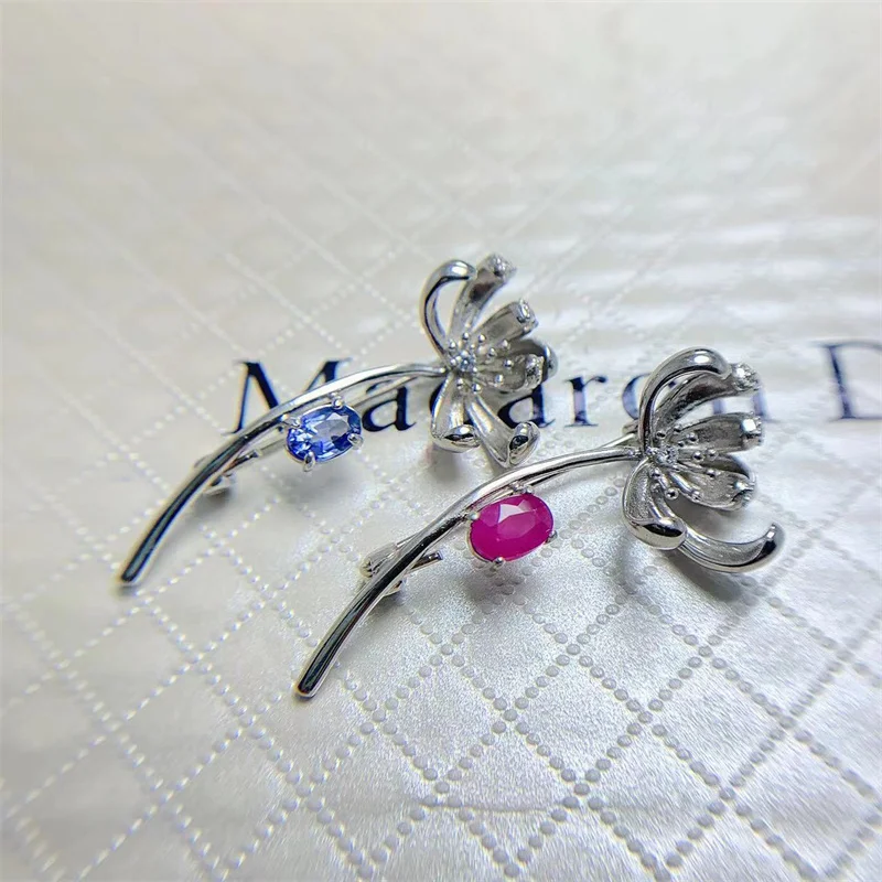 925 Silver Natural Tanzanite Ruby Brooch Retro Palace Style Flower Brooch Gemstone with Certificate