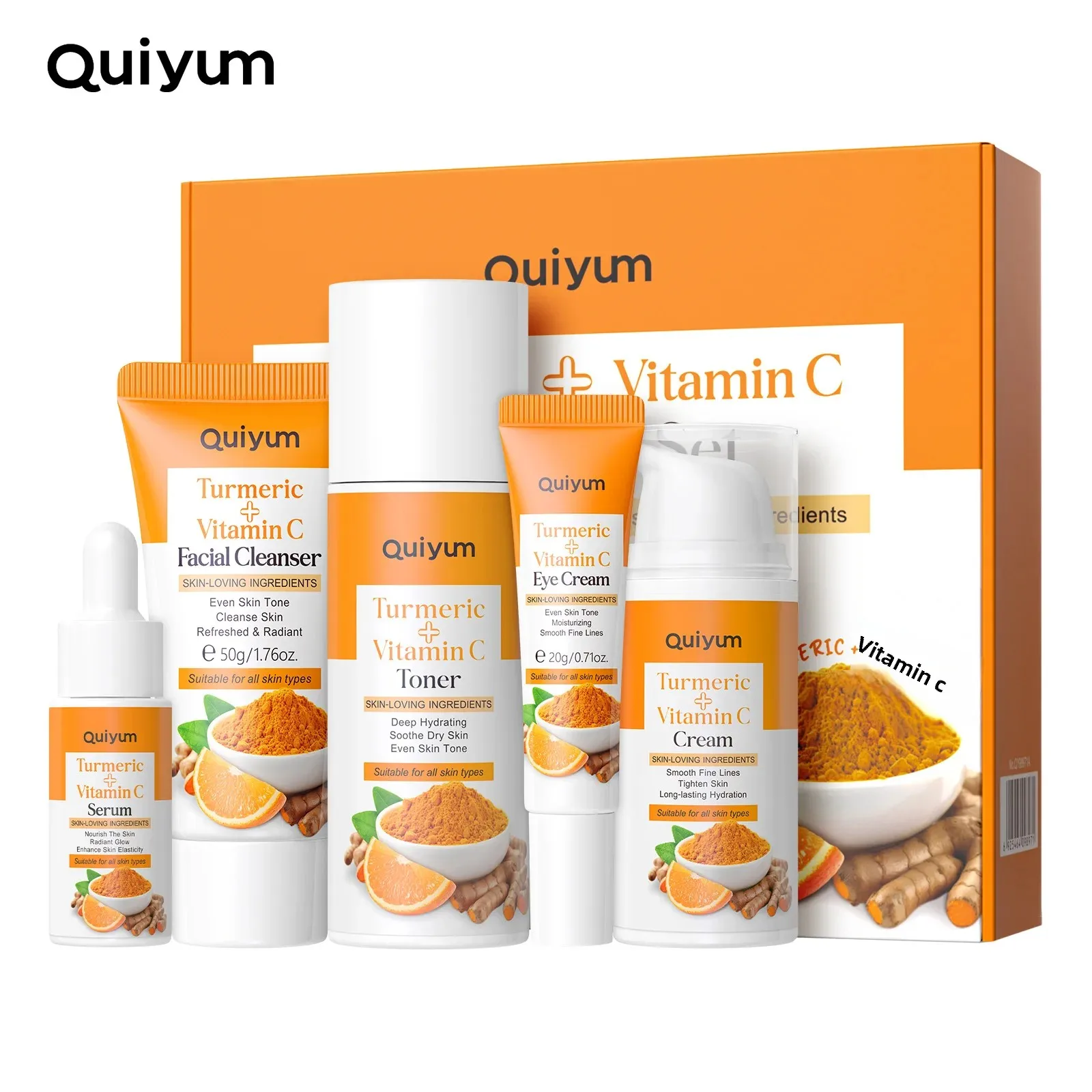 Quiyum 5PCS Set Facial Moisturizer-Turmeric & Vitamin C Skin Care for Brightening Hydrating-Anti-Aging Beauty Essentials