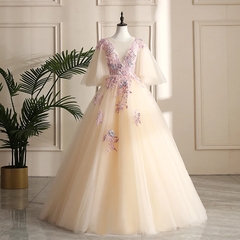 

Бальное платье цвета шампанского, женские платья для Quinceanera, фатиновые платья с аппликацией для выпускного вечера, официальное платье для 15 лет, Abendkleider