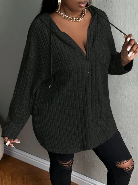 AliExpress European and American cross-border plus size autumn and winter new casual solid color half zipper hooded sweatshirt 5