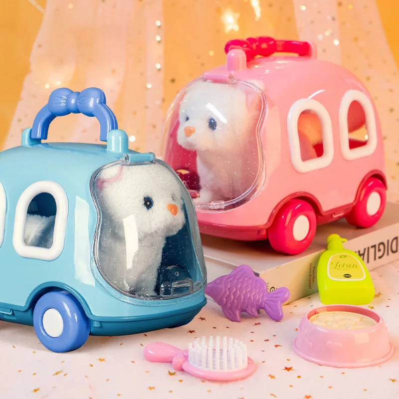 Children Play House Toys Simulation Electric Cute Kitten Handheld Cage Plush Rabbit Toys Will Bark and Jump Pet Animal