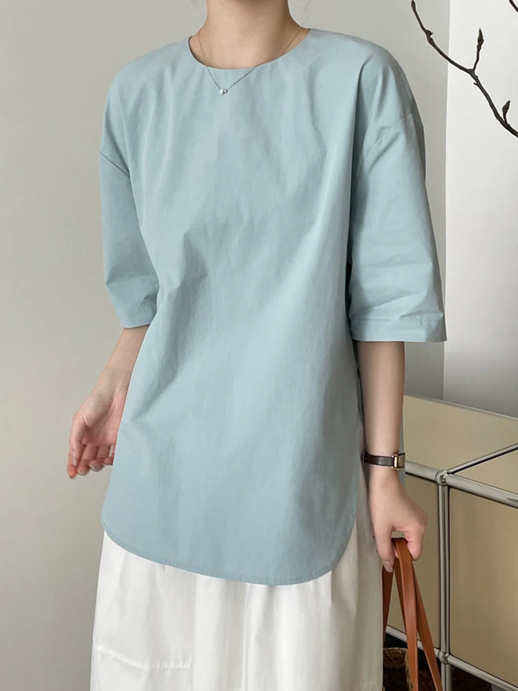[LANMREM] Back Button Design Linen Pullover Shirts Women Round Neck Short Sleeve Casual Loose Blouses 2024 Summer New 26D9109