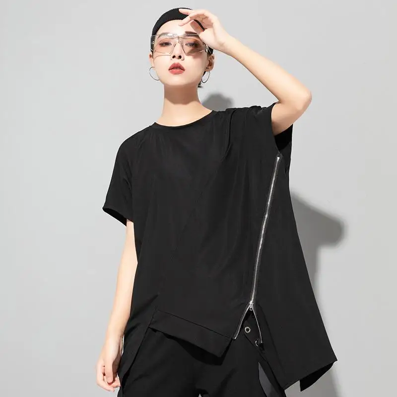 

Dimanaf 2024 Plus Size Women Zipper Bat T-Shirt Casual Solid Tops Cotton Loose O-Neck Summer Short Sleeve Tees