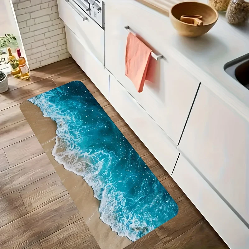 Summer Beach Wave Non-Slip Kitchen and Bathroom Rug - Decorative Floormat for Hallway and Balcony