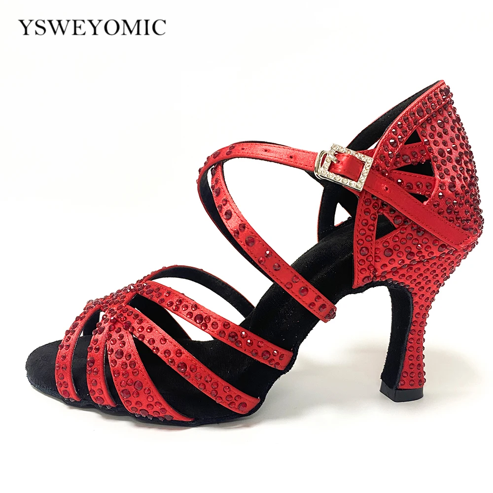 Women Dancing Shoes High Heel 10cm Satin With Crystal Latin Salsa Indoor