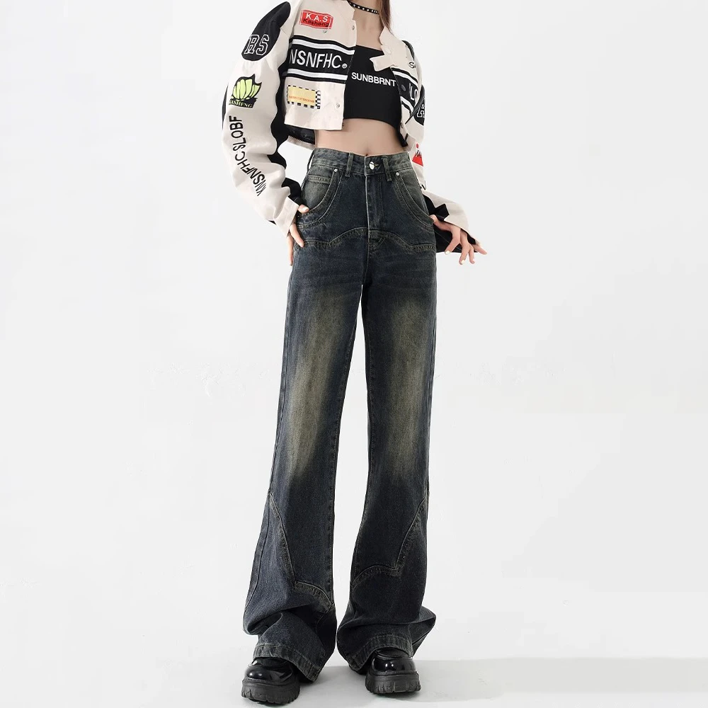 American retro cement grey wide-legged jeans female spring new high-waisted thin loose not stick leg straight trousers