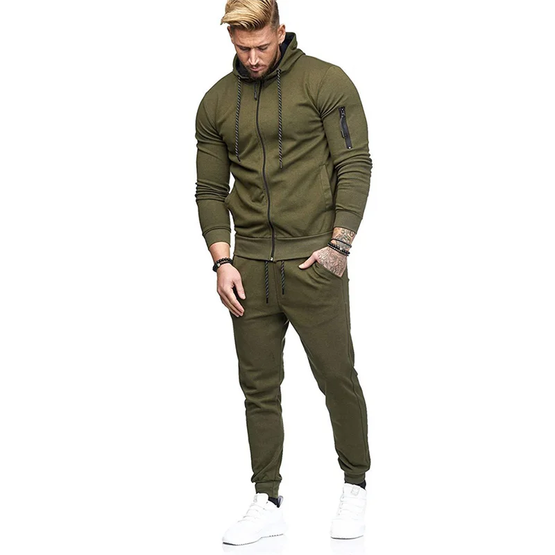 Men's Solid Color Two-piece Suits Autumn Winter Long Sleeve Hooded Sweatshirt Pencil Pants Male Daily Casual Sports Fitness Sets