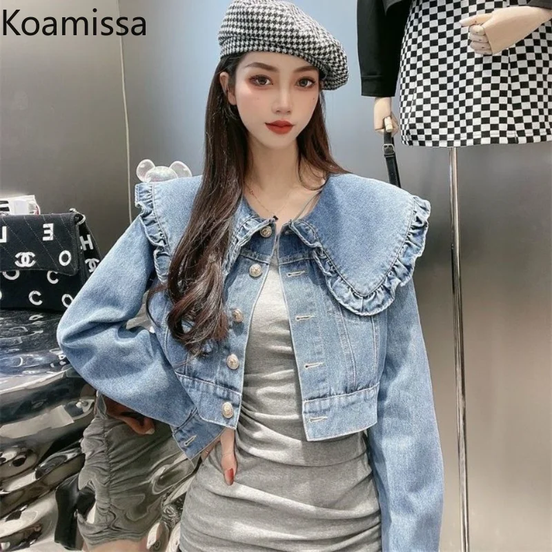 

Koamissa vintage women washed jeans coat causal loose ladies peter pan collar sweet denim jackets chic korean cropped tops 2323