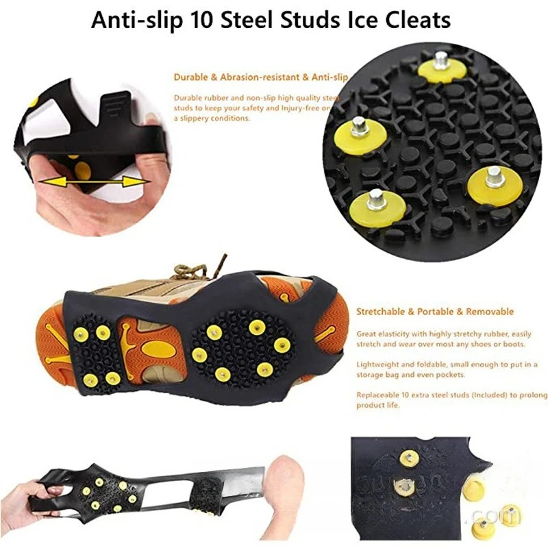 1 Pair 10-Prong Silicone Ice Cleats - Non-Slip Snow Traction for Hiking Shoes,Low-Profile Crampons with Anti-Skid Spikes (Black)