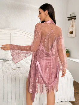 حار بيع الصلبة اللون البوليستر ثوب النوم الدانتيل انظر من خلال رداء للنساء 2PCS مجموعة 2