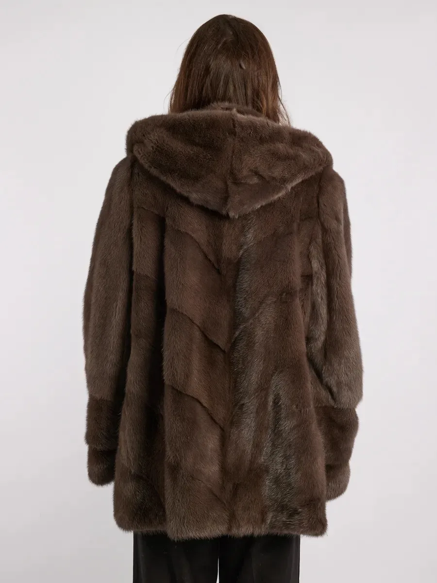 IG Women Brown Hooded Single Button Mid-Length Faux Fur Coat, Side Pockets, Winter Warm Vintage Elegant Commute Outerwear