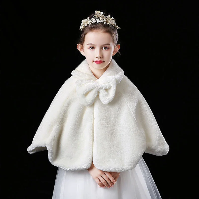 

White Cloak Windproof Shawl for Kids Girl Princess Thicken Plush Warm Cape Wedding Birthday Party Coat Wraps Children Crop Shawl