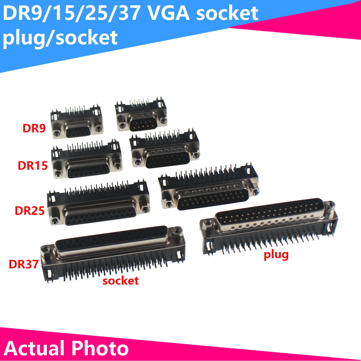 5PCS DR9/15/25/37 DB male / female welding plate plug 90 degree bent foot / pin serial port VGA socket