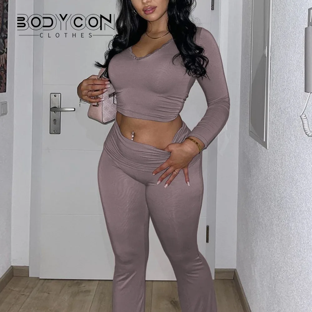 

Bodycon Casual Solid 2 Piece Set Women Sexy V-Neck Long Sleeve Crop Tops and High Waist Flared Pants Matching 2024 Tracksuits
