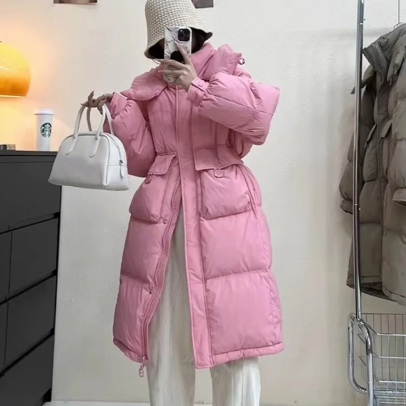2023 New Women Down Jacket Winter Coat Female Long Knee Length Parkas Loose Hood Outwear Thicken Academic Style Waisted Overcoat