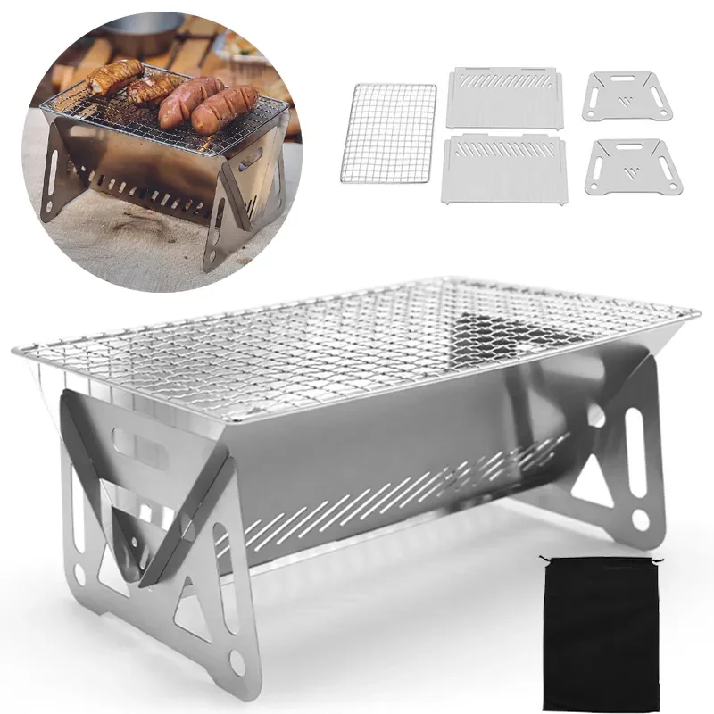 

Portable Folding Barbecue Grilling Heating Stoves Multifunction Camping BBQ Grilling Rack Net Firewood Stove Stainless Steel