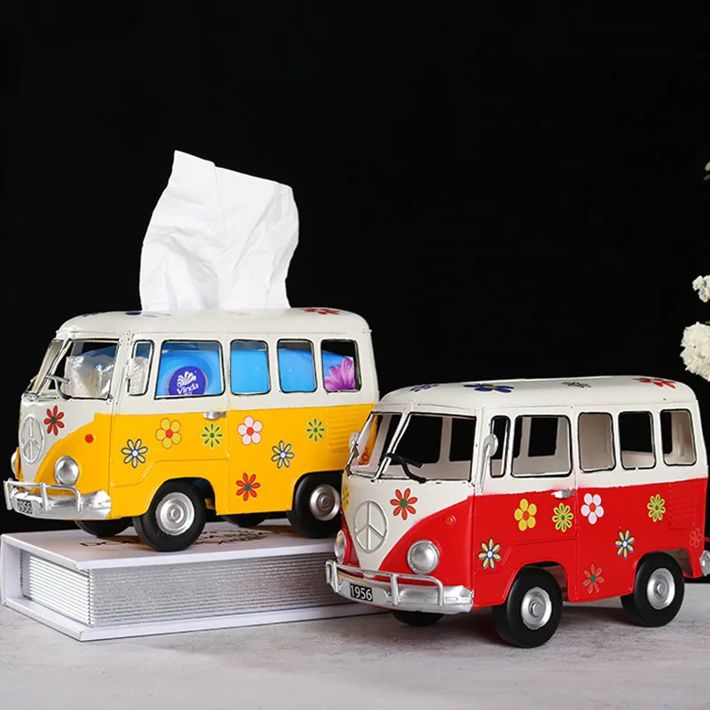 

Creative Bus Model Paper Holder Nostalgic Retro Wrought Iron Car Miniature Model Home Tissue Boxes Decoration Ornament Gift