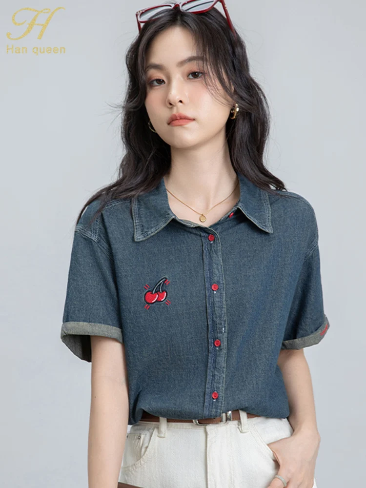 H Han Queen 2025 Summer Office Vintage Denim Tops Short