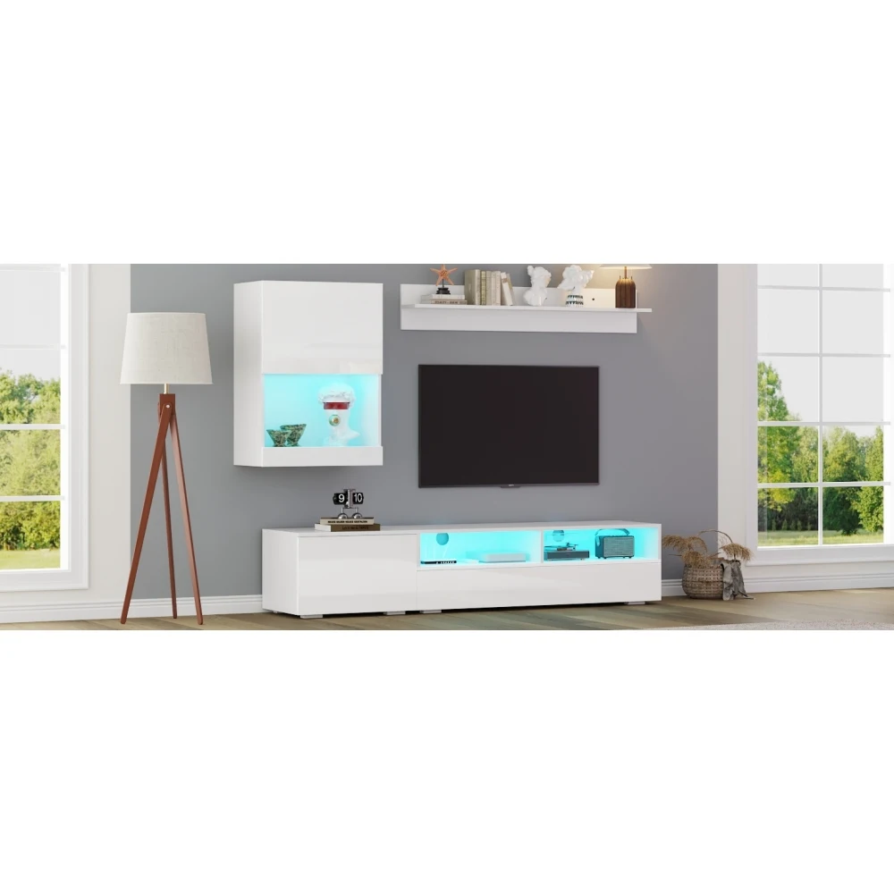 3-teiliges LED Hochglanz-TV-Wohnzimmer-Wandset Modernes Medienmöbel mit Vitrine Wandregale Stehender & Schwebender TV-Schrank – Detail 10