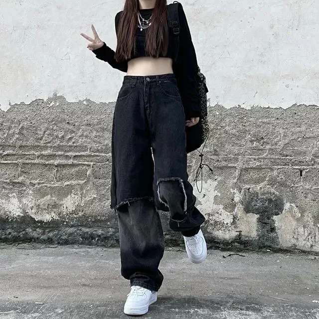 Denim Planet Black Distressed Wide Jeans 2024 New High Waisted Slim Fit Draped Straight Leg Loose Floor Mop Pants