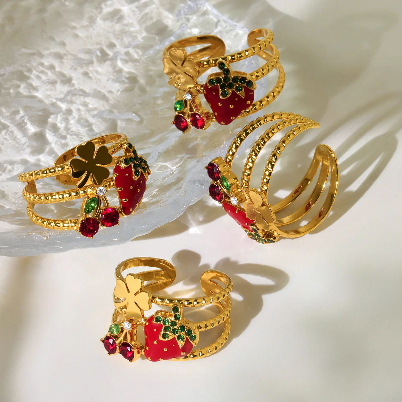 Sommer-Gänseblümchen-Kirsch-Ringe für Damen, wasserdicht, Edelstahl, vergoldet, Vintage-Ring, tägliches Schmuckzubehör – Detail 16
