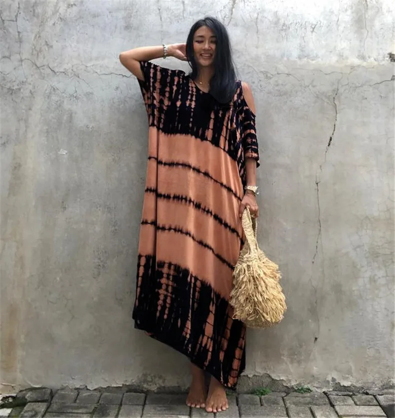 Loose Off Shoulder Striped Print Women Beach Dress Bikini Cover Up Summer Tunic For Woman Beachwear Robe De Plage Kaftan