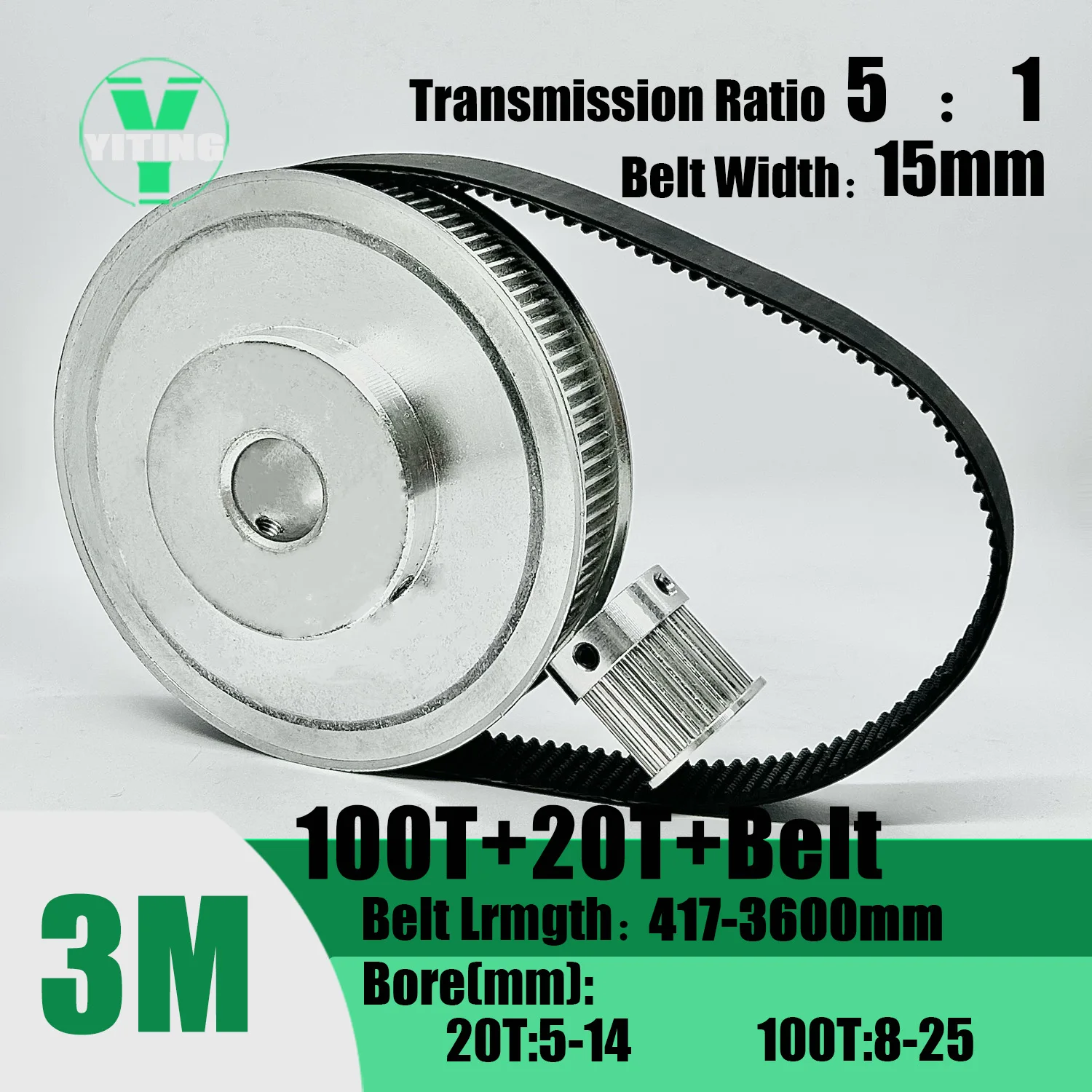 

HTD3M 20T 100Teeth Timing Pulley Belt Set Belt Width 15mm Bore 5~25mm Reduction 5:1 Deceleration 3M Pulley Kit Synchronous Wheel