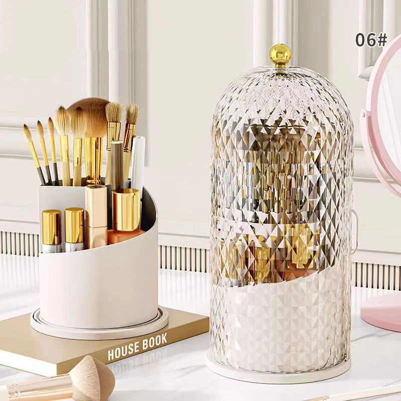 Diamond Birdcage Makeup Brush Holder with Lid 360 Rotating Clear Dustproof Makeup Brushes Organizer for Vanity Lipstick Holder 4
