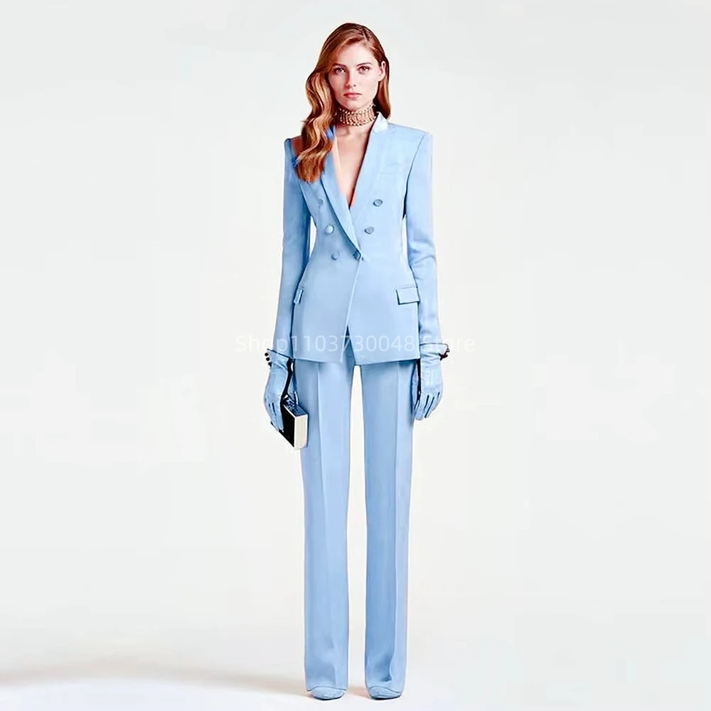 Sky Blue Stylish Women Suit Peak Lapel Double Breasted Slim Fit 2 Pieces Jacket Pants Business Formal Occasion Female Clothing