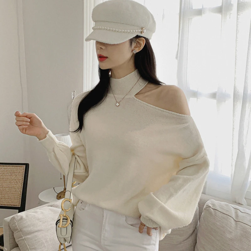 Chic Autumnal Loose Long Sve Knitted Sweater Women's Ne Hanging oulder Design Casual Comfortable White Knitted Top