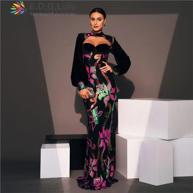 

EDGLuLu Spring Stand Collar Long Sleeved Party Evening Dress Women Elegant Luxury High Quality Sequin Flowers Long Dress 0525