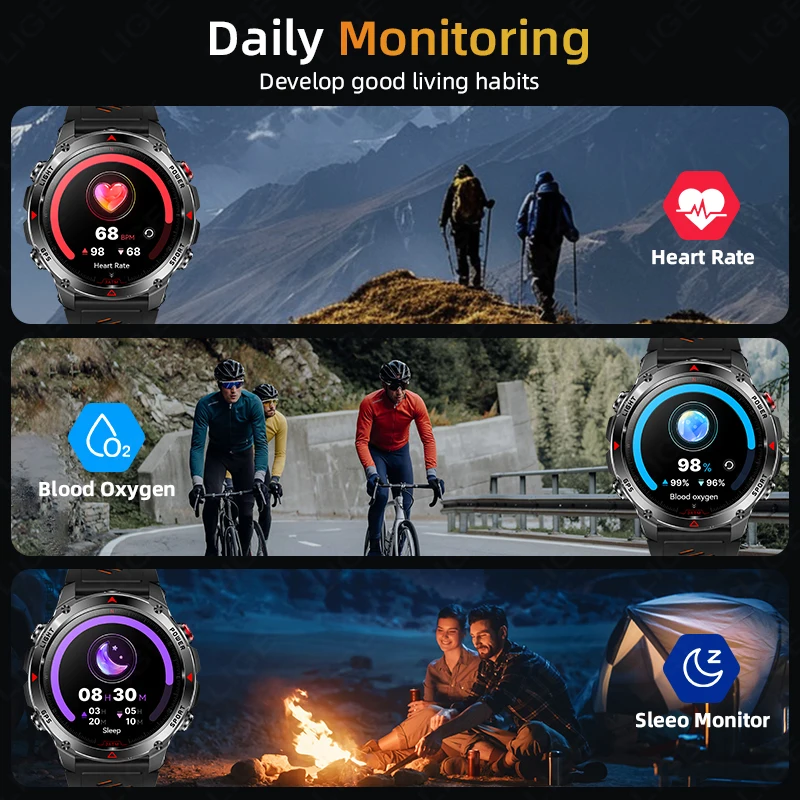 LIGE GPS Sports Smart Watch Men HD Full Touch Screen 500mAh Battery Waterproof Flashlight Compass Bluetooth Call Smartwatch Men