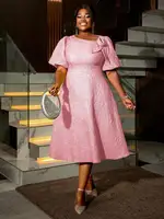 Plus Size Pink Rose Jacquard A-Line Dress with Puff Sleeves & Bow Detail - Image 4
