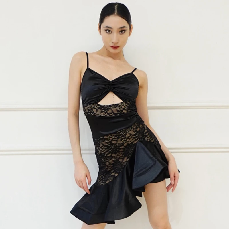 

2024 Latin Dance Dress Women Black Lace Velvet Suspender Dress Summer Rumba Salsa Dance Dress Club Party Adult Dresses DNV20403