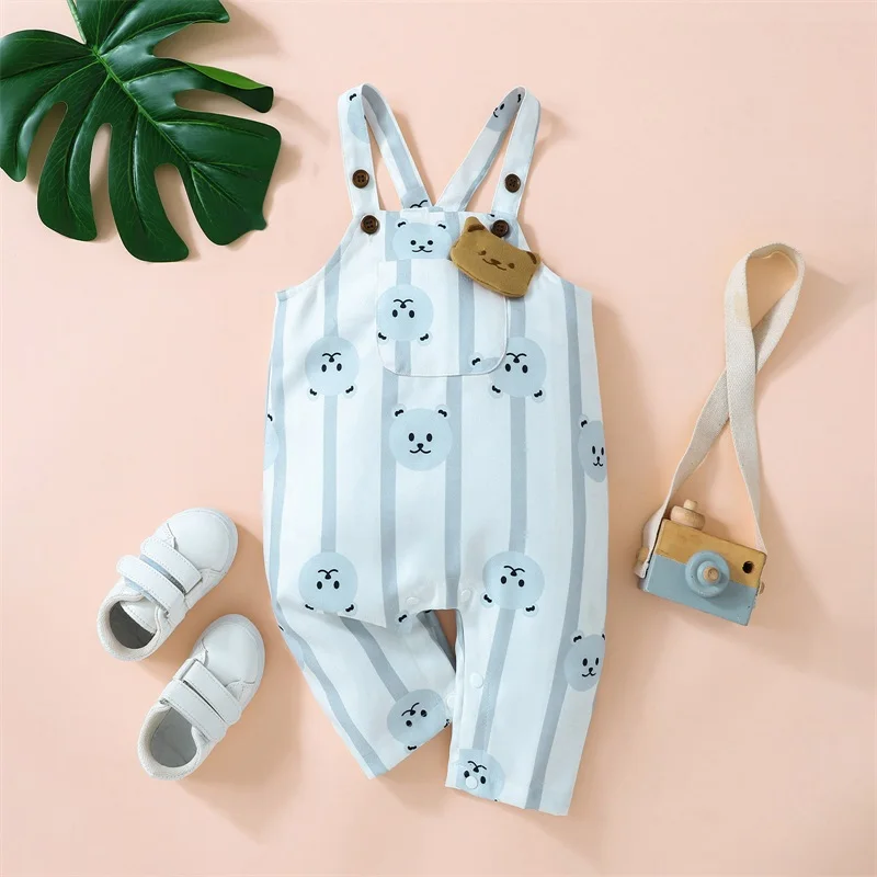 

Lovely Kid Girls Boys Romper Summer Sleeveless Striped Cartoon Bear Print Suspender Pants Casual Party Street Jumpsuit 0-3Years