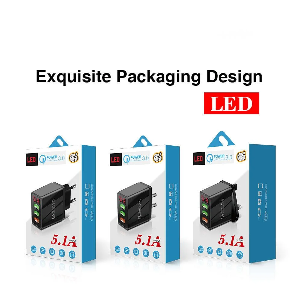 Carregador rápido com tela digital 3USB 5V5.1A padrão britânico para smartphone, cabeça de viagem, carregamento e transferência_voghion.com