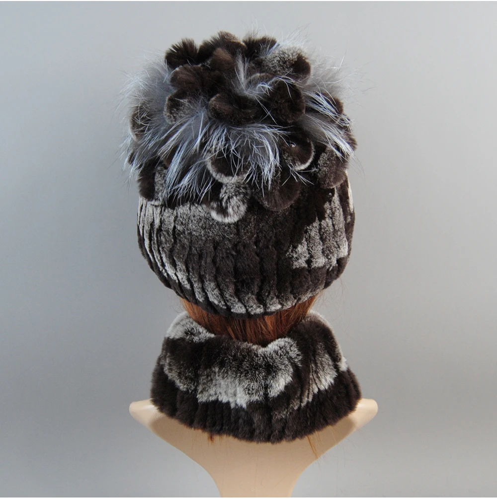 Real Rex Rabbit Fur Hat And Scarf Set Women Winter Knitted Beanie Hat Natural Fur Skullies Beanies Woman Hat Female Cap Elastic