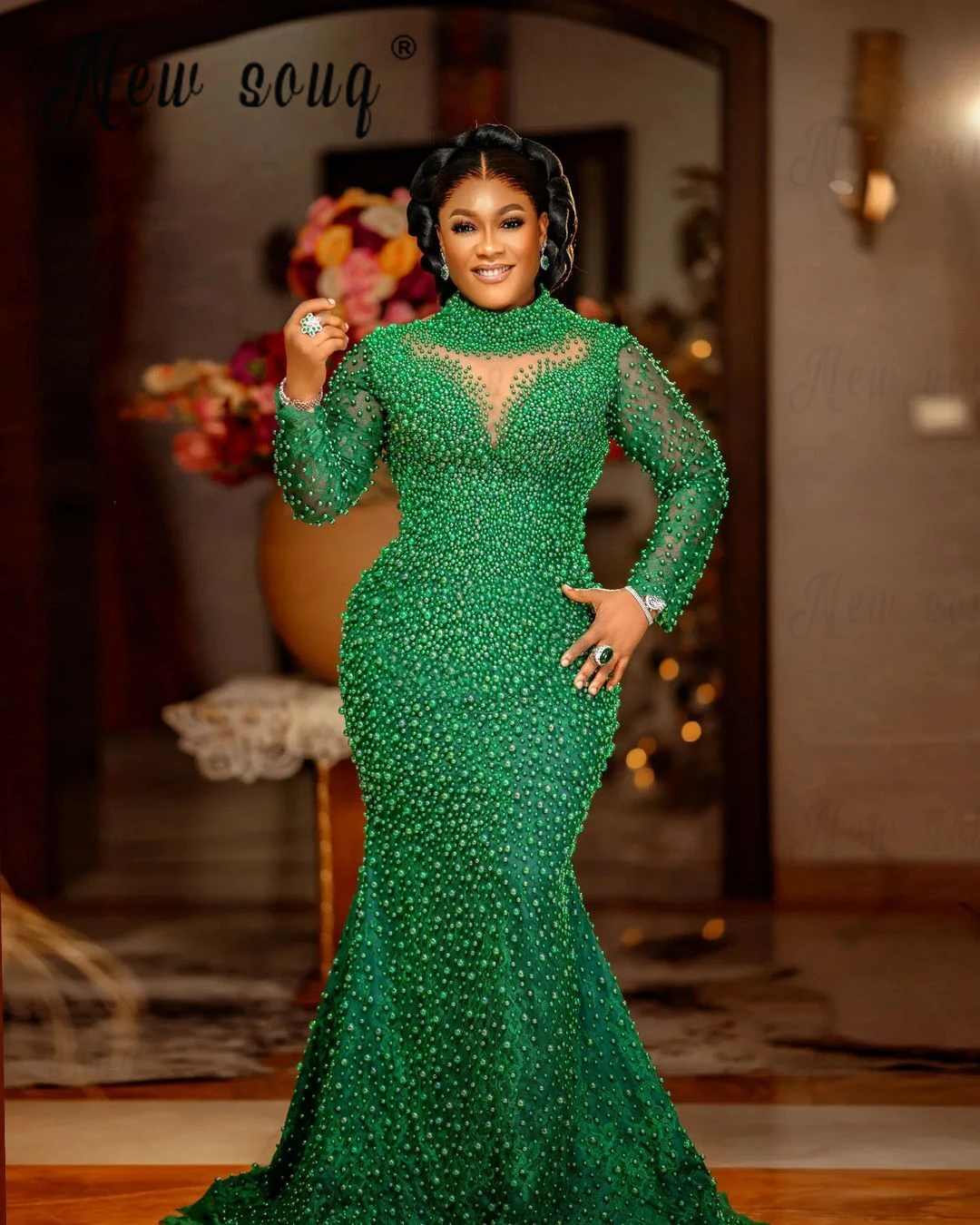 

Aso Ebi Emerald Green Full Pearls Evening Dress Muslim Long Sleeve Wedding Party Gowns Robes Bal De Promo Robe de Mariée 2024