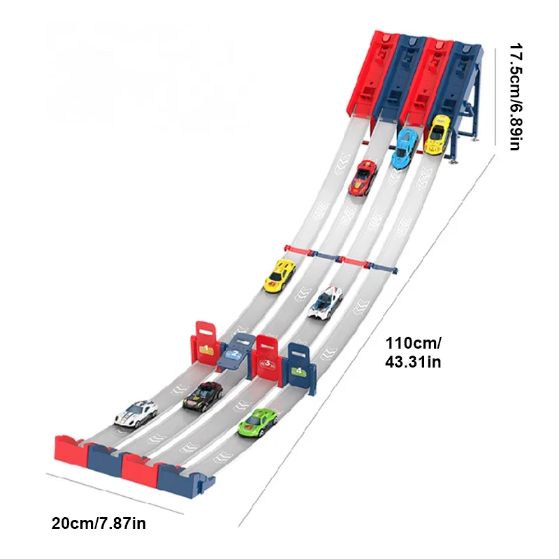 1/2/4 Tracks Mini Car Eject Toy for Boys Portable Rail Race Track Toy 4 Race Diecast Car Carrier Vehicles Set for Kids Boys Gift