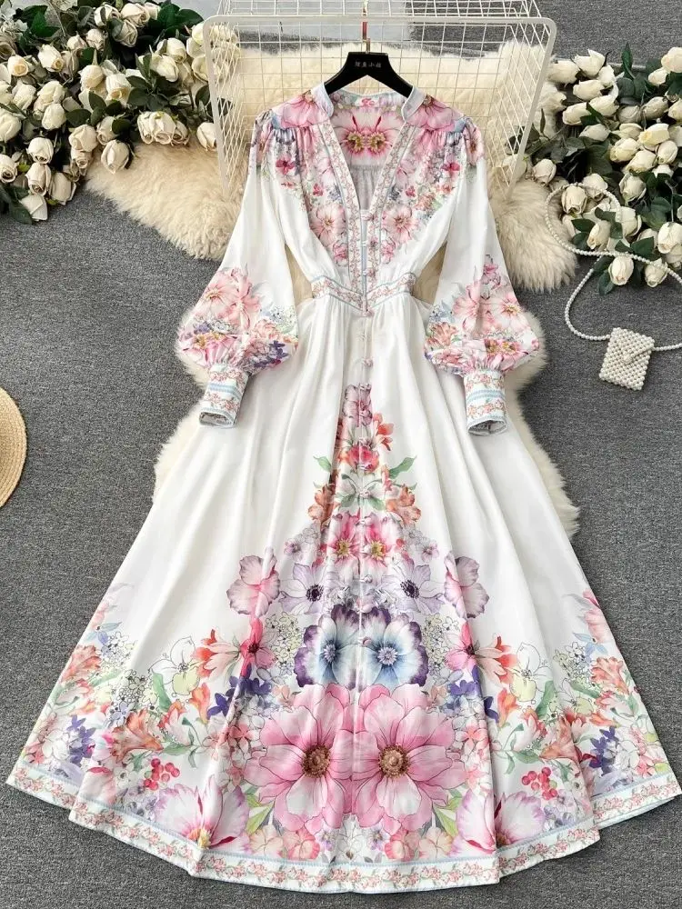 Autumn Gorgeous Flower Linen Robe Dress Women's Bohemian V