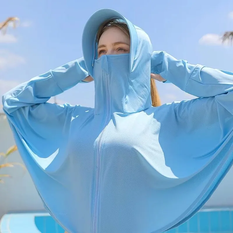 UPF 50+ Women Sunscreen Hoodie Solid Color Thin Ice Silk