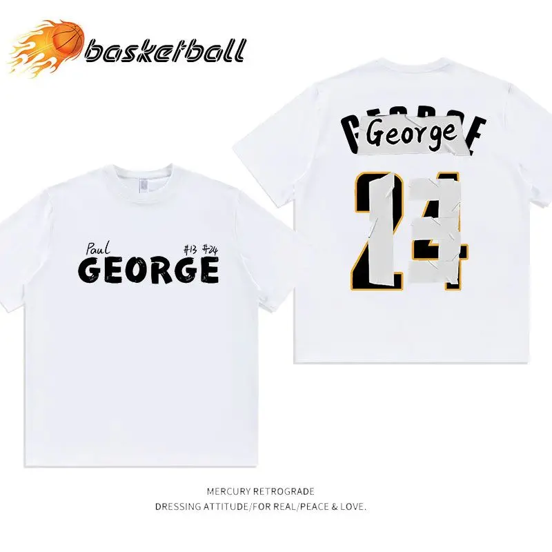 100% Cotton American Paul George Jersey Change Trend Heavy Long Sleeve T-shirt Couple Basketball Short Sleeve 3