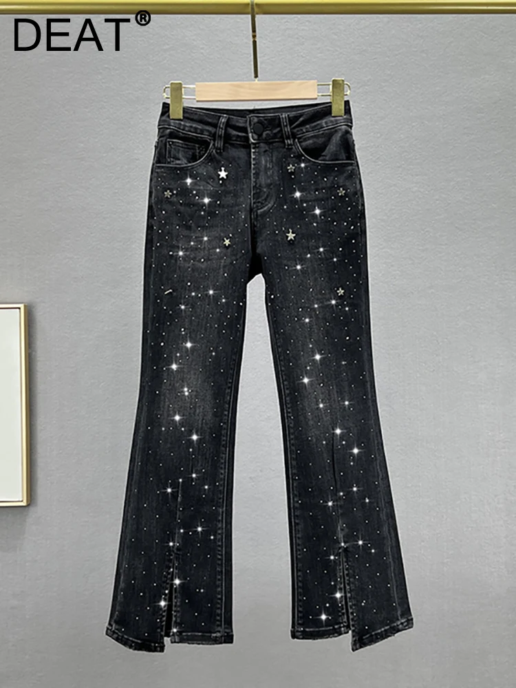

DEAT Women Jeans High Waist Full Diamond Stars Split Straight Wide Leg Denim Ankle-Length Pants 2023 Autumn New Fashion 29L3144