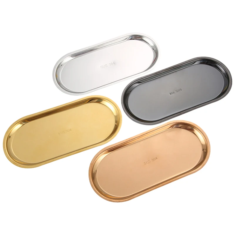 Stainless Steel Gold Storage Tray Fruit Sancks Jewelry Display Plate Oval Serving Platter Kitchen Organizer Tools