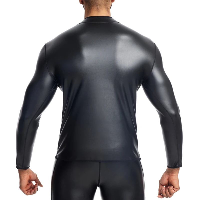 Leather TShirt Body Shaper Waist Trainer Men Stand Collar Long Sleeve Underwear Muscle Shaper