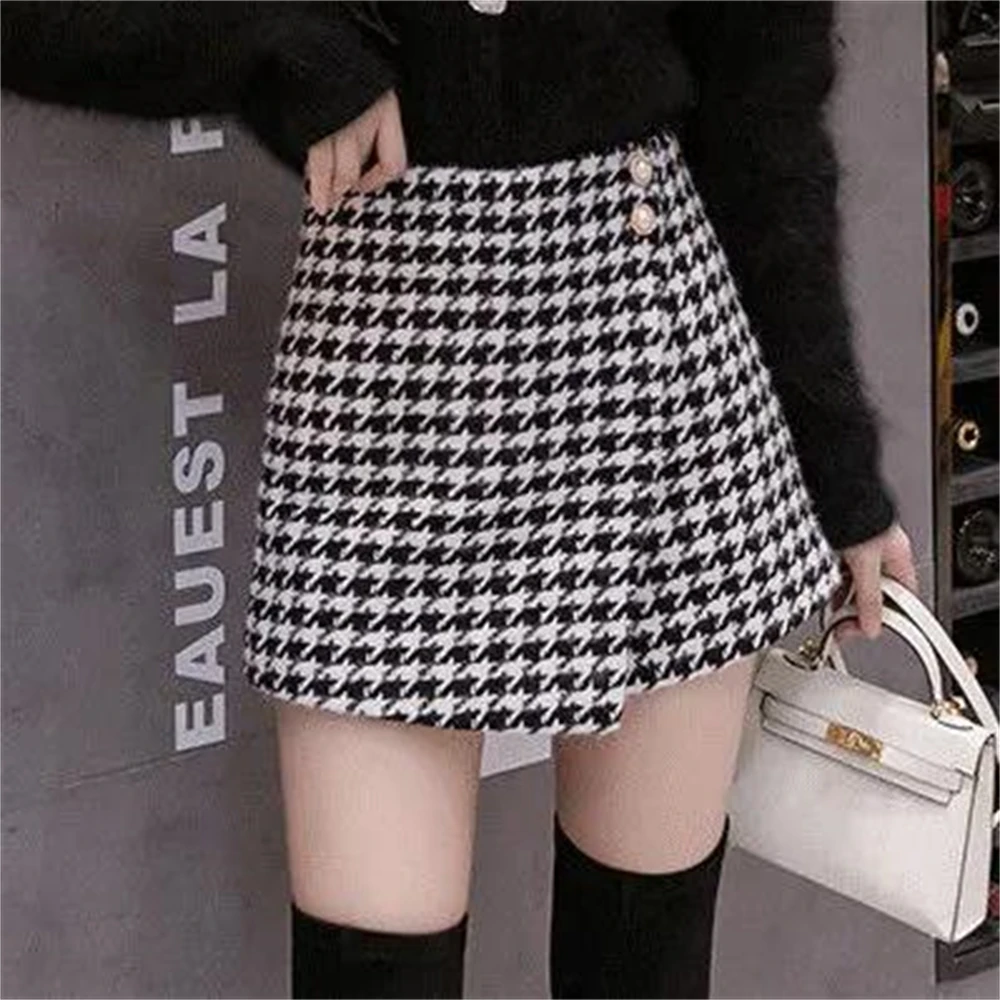 

Short Pants Scanties Autumn Houndstooth Woolen Shorts Women High Waisted Loose Wide Leg Shorts Ol Chores Para Mujer Fake Two