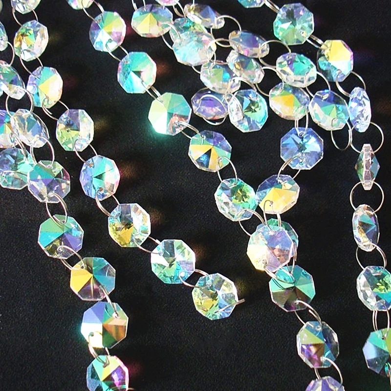 Crystal Beads Garlands 1M AB 14mm Crystal Octagon Beads Chain with Gold/Silver Rings Glass Hanging Strand Garlands for Home Wedding Shinning Decoration
